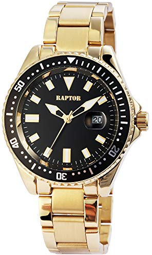 Raptor Herren-Uhr mit Edelstahl Gliederband Datumsanzeige Leuchtzeiger Durchmesser 43mm Analog Uhr goldfarbig schwarz