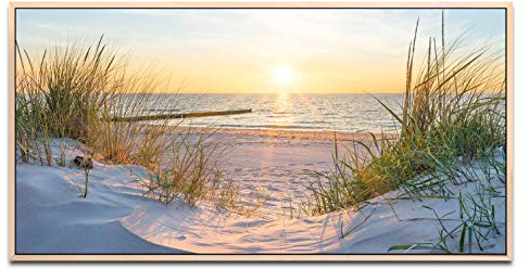 Sonnenuntergang an der Ostsee ca. 130x70cm Wandbild inklusive Schattenfugenrahmen naturfarbend - Panorama Leinwand Bild XXL Format Wandbilder Wohnzimmer Wohnung Deko Kunstdrucke