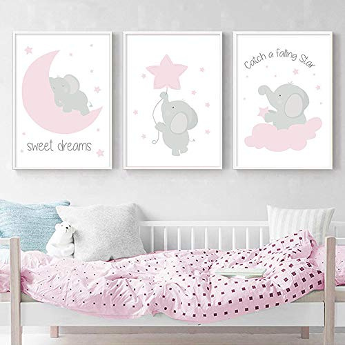 3er Set Poster Elefant Kinderzimmer Bilder Mond Wolken Stern Zitate Grau Rosa Wandbilder Babyzimmer a3 Geschenk ohne Rahmen