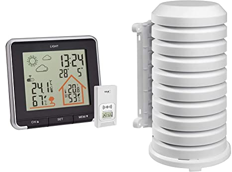 TFA Dostmann Digitale Life, Wetterstation mit Funk, Hintergrundbeleuchtung, Aussen-und Innentemperatur, schwarz + Schutzhülle für Sender Artikel, 98.1114.02, leicht zu montieren, weiß