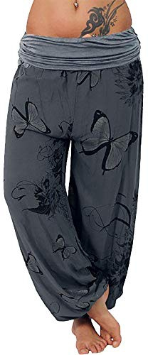 Lazzboy Haremshose Pumphose Frauen Print Pants Wide Leg Loose Damen Hosen Bedrucken Sommerhose Yogahose Aladinhose(Grau,S)