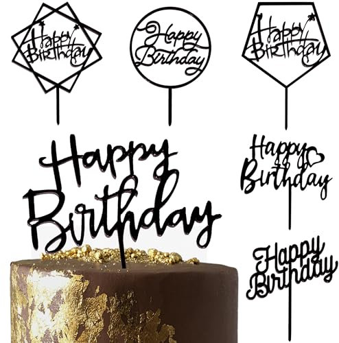 6er-Pack schwarze Geburtstagskuchen-Topper-Set, doppelseitig, glänzend schwarz, Acryl Happy Birthday-Schild, Kuchen-Topper/Cupcake-Topper, Geburtstagsparty-Dekorationen für coole Kerle.