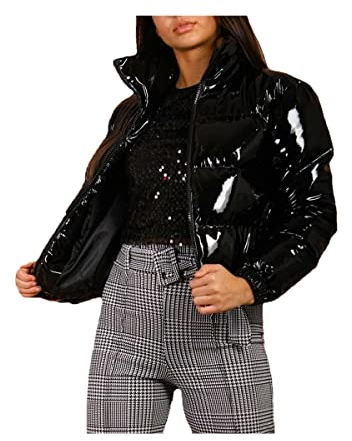 Damen Puffer Jacke Einfarbige Winterjacke Warm Stehkragen Übergangsjacke Frauen Glänzend Daunenjacke Kurz Geschnitten Wattierte Steppjacke Jacke Female Baumwolljacke Mantel Herbst Outdoorjacke