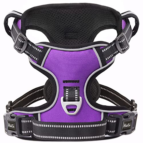 HEELE Hundegeschirr, Zugentlastung, reflektierend, mit gepolstertem Griff, Kontrolle, 2 Metallringe, Geschirr für kleine mittelgroße und große Hunde, Violett, S
