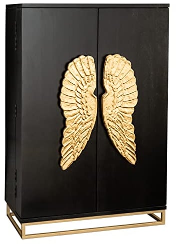 riess-ambiente.de Extravaganter Barschrank Angel 140cm schwarz Mangoholz mit goldenen Flügeln
