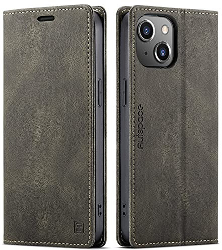 LOLFZ for iPhone 14 Wallet Case, Magnetic Flip Leather Case with RFID Block Card Slots Kickstand Shockproof Protective Cover Compatible with iPhone 14 - Coffee Brown