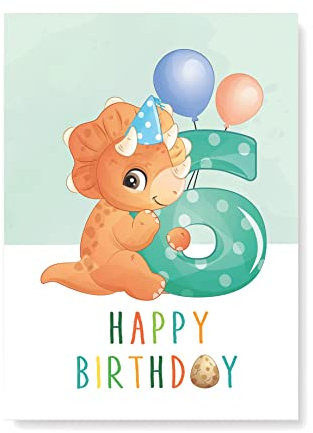 Friendly Fox Geburtstagskarte für Kinder 6. Geburtstag, 1x DIN A5 Dino Glückwunschkarte zum Kinder Geburtstag, Happy Birthday Karte mit Umschlag