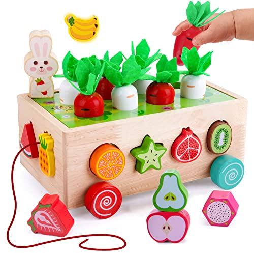 YGJT Montessori Motorikspielzeug ab 1 Jahr Spielzeug 6 in 1 Holz, SteckSpiel Sortierspiel Karottenernte Stapelspiel Lernspielzeug Ostern Geburtstag Geschenk für 2 3 Jahre Mädchen Junge