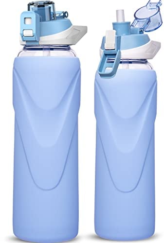 DEARRAY 1 liter / 1l Trinkflasche Glas mit Strohhalm bpa frei Glasflasche mit Silikonhülle Borosilikatglas Wasserflasche (Himmelblau)
