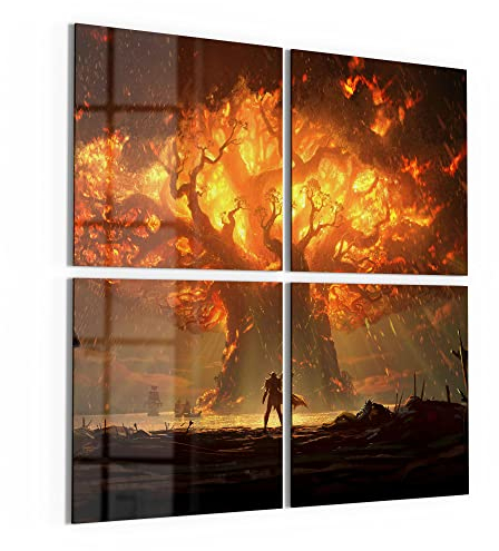 DEQORI Glasbilder Echtglas | Motiv Brennender Weltenbaum WoW | quadratisch 4-teilig 100x100 cm | große XXL Deko | Wandbilder für Wohnzimmer, Schlafzimmer, Flur & Küche | moderne Wanddeko
