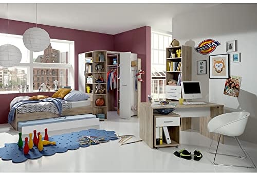 Lomadox Jugendzimmer komplett Set mit Eckkleiderschrank, begehbar und beleuchtet, Schreibtisch Set und Bücherregal in Eiche Nb. mit weiß