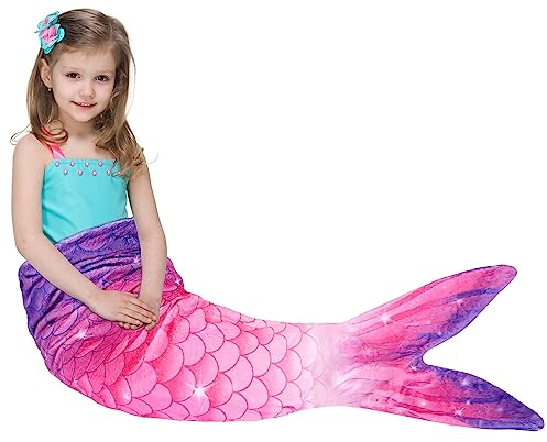 WERNNSAI Meerjungfrauen Schwanz Decke - Weiche Meerjungfrauen Decke für Kinder Mädchen 140cm x 60cm Weicher Flanell Meerjungfrauen Tragbare Decke für Teenager Geschenk zum Geburtstag (Lila & Rosa)