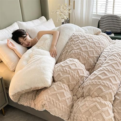 TUCVZVO Bettdecke 220X240 Winterdecke,Winter Steppdecke Dicker Lamm-Kaschmir, Decke, Flauschige Kaschmir-Steppdecken, Winterwarm, Kern Aus Lammsamt,Beige,150X200 2KG