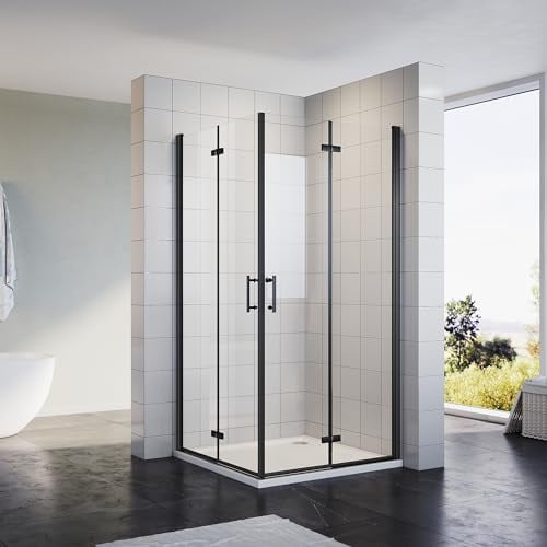 Sonni Eckeinstieg Duschkabine 80x80 cm Schwarzes Dusche Falttür 180º Duschwand Duschabtrennung Nano 6mm Glas Faltdusche Höhe 195 cm Drehfalttür