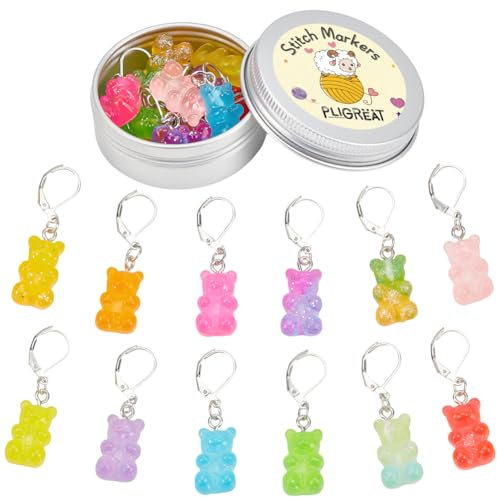 PLIGREAT 12 Stück Niedliche Glitzer farbige Bärenstich Markierer Stricken Verriegelung Häkelmarker für Oma Mama DIY Geschenke Weben Quilten Nähwerkzeug DIY Schmuck Herstellung Zubehör Dreadlocks Dekor