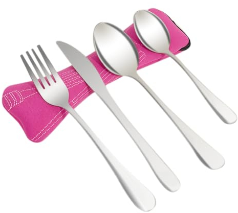 YAZHED Cutlery Set with Portable Pouch Case, 4PCS Reusable Portable Cutlery Set, Stainless Steel Knife Fork Spoon Camping Cutlery Set for Camping Picnic Office School Lunch
