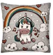 PAGO POCO Teppiche aus Baumwolle, rutschfest, Motiv: Einhorn und Herzen, Farben: Grau, Hellblau, Rosa, Maße: 80 x 150 – 115 x 175 cm, hergestellt in Italien. (Kissenbezüge 50 x 50 cm, Grau)