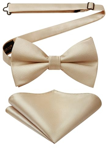 HISDERN Herren Fliege Beige Fliege für Herren mit Einstecktuch Set Einfarbig Seide Vorgebundene Anzug Fliege für Hochzeit...