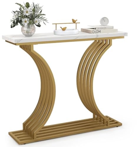 LIFEZEAL Konsolentisch Marmor, Eingangstisch aus Gold Metallgestell, Moderner Flurtisch, Geometrischer Beistelltisch für Wohnzimmer Flur Eingang, 100 x 29,5 x 80,5 cm