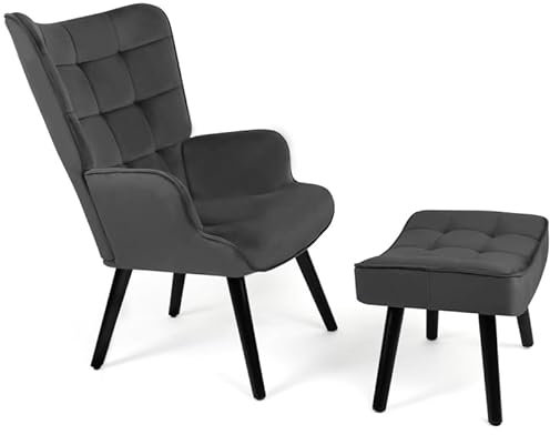 IDMarket - Fauteuil scandinave ANIA avec Repose Pieds Velours Gris Anthracite
