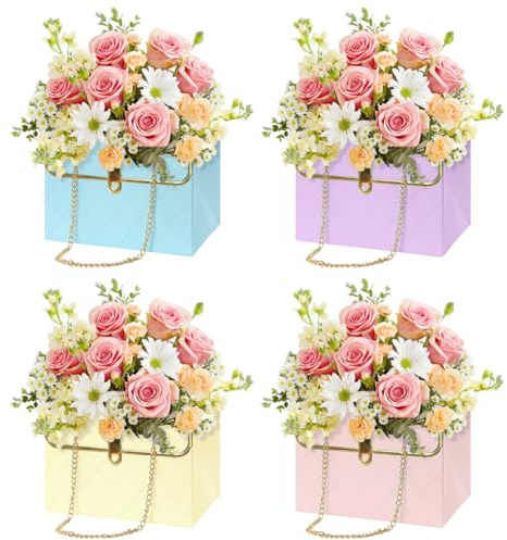 Confezione regalo di carta per bouquet da fiorista, confezione da 4 scatole pieghevoli per bouquet di fiori, con manico a catena in metallo, scatole di carta per matrimoni, anniversari, San Valentino,