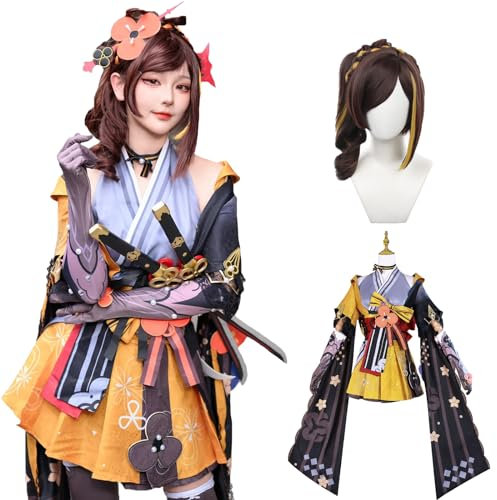 Fiamll Chiori Cosplay Kenshin Chiori Kostüm Cosplay Chiori Outfit Gelb Kostüm Full Set Karneval mit Perücken XL