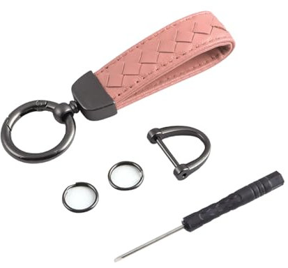 CGEAMDY Porte-Clés Cuir Véritable Pour Les Clés De Voiture, Porte-Clés De Voiture En Métal Et En Cuir Avec Anneau En D Antiperte, Porte-Clés Voiture Peau De Tressée à La Main Accessoires(Rose)