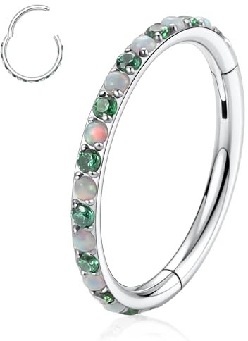 hengkaixuan 16G Conch Ohrring Knorpelschmuck Silber Helix Piercing Nahtloser Clicker Ring Opal Conch Hoop Edelstahl Septum Nose Ring Hoop Grün CZ Tragus Rook Lobe Piercing Schmuck 12mm