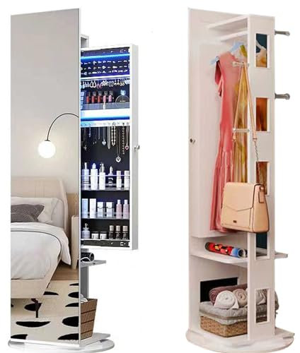 Miroir sur pied pleine longueur avec armoire à bijoux, pivotant à 360°, grande capacité, porte-manteau 3 en 1 pour salon, chambre, vestiaire