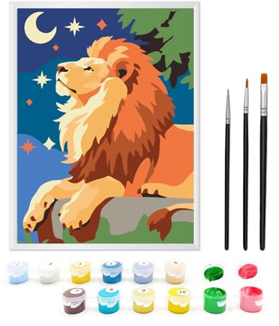 Zimrobin Peinture par numéros pour enfants de 5, 6, 7 ans, avec 3 types de pinceaux différents, cadre et peinture acrylique 17,8 x 24,1 cm (Lion Fier)