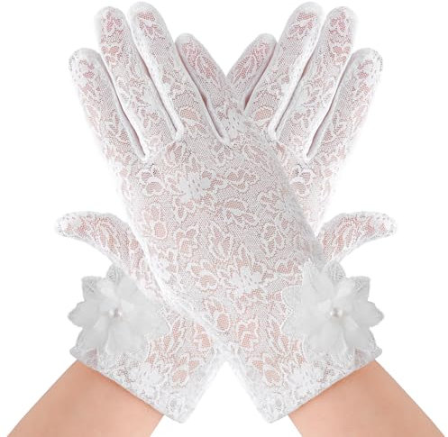Lusofie Spitzen Handschuhe Kurze Weiß für Damen Elegante Kurze Handschuhe Spitze Dehnbare Handgelenklange mit Touchscreen für Halloween Braut Opernball Sommer Sonnenschutz UV Fahrhandschuhe