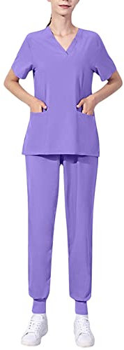 Thermohose für Damen, Ski, leger, kurzärmelig, V-Ausschnitt, Still-T-Shirts, Oberteil mit Tasche und langer Hose, einfarbig, Set, Outfit, Business-Overall für Damen, violett, 36