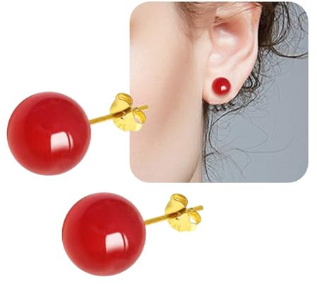WGXIA Jade Ohrstecker, natürliche runde Perlen Achat Smaragd Granat Obsidian Edelstein Ohrstecker Ball Jade Schmuck Geschenk (rot Achat-Gold-6mm)