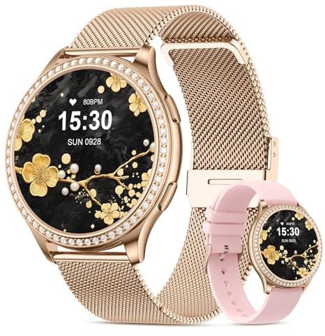 elfofle Montre Connectée Femme avec Appel Bluetooth, 1.32 IPS écrans tactiles, 120+ Modes Sportifs SpO2 Cycle Menstruel Sommeil Etanche IP68 Fitness Podomètre Montre iOS Android (Or Rose)