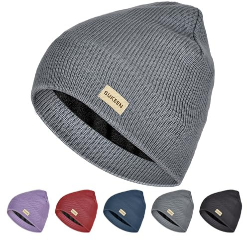 Sukeen Wasserabweisende Winddichte Beanie Wintermütze Herren Damen Mütze Herren Strickmütze Warme Beanie mit Polarfleece Warmem Futter, Unisex-Strickmütze für Outdoor-Sport Laufen Radfahren–Grau