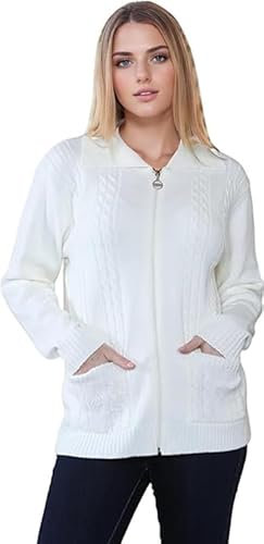 L S U Women's Cable Knit Zipper Cardigan – Stylish Long Sleeve Jumper with Pockets, Available in Plus Sizes (Cream M-L)
