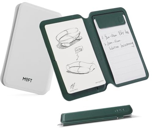 MOFT Magnetischer Notizblock Kartenhalter Kompatibel mit iPhone 16 Serie und Anderen Handys mit Zwei Arten von Notizblock und magnetischem unsichtbarem Stift, Neblige Bucht & Grü