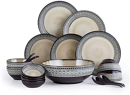 Elegante juego de vajilla para restaurante y hogar, vajilla de cerámica, juego de vajilla de porcelana con relieve vintage de 18 piezas, cuenco de cerámica, plato, cuchara, juego de comedor para reg