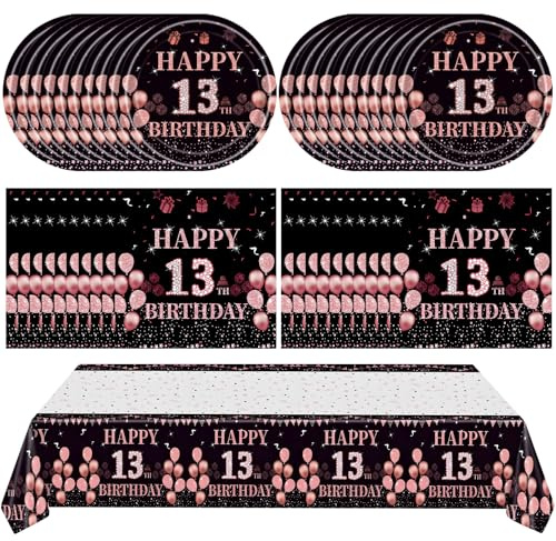 Ryzovo 41Pcs 13th Birthday Decorations for Girls Rose Gold Happy 13 Birth Party Supplies for Her Including Tablecloth,Plates,Napkins, 13 Year Old Girl Birthday Tableware for Sweet Teenager Party