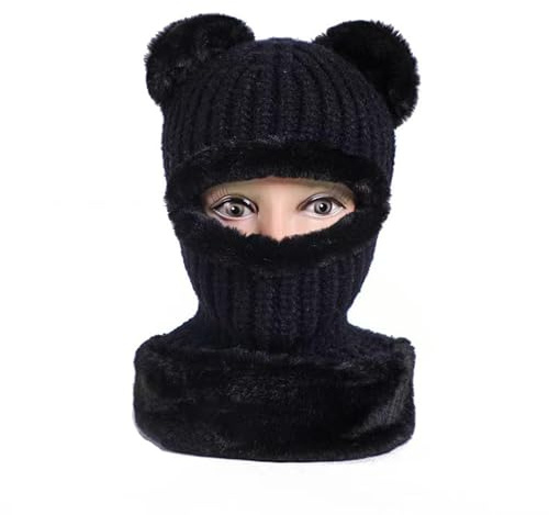 WUODHTW Sturmhaube, Gesichtsmaske, Beanie, Winterschal, Ohrenschützer, Set, Strickmütze, Ohren, lustige Mütze, warm, gestrickt, Kaninchen, Häkelmütze, Schwarz , Einheitsgröße