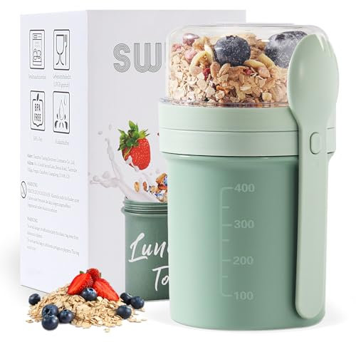 Swkien MüSlibecher to Go, Joghurtbecher to Go 450ml+250ml, Joghurt to Go Becher mit Löffel, Müsli Becher to Go für Müsli & Joghurt, Auslaufsicherer Müsli Cup to Go, Lunchpot(Grün)