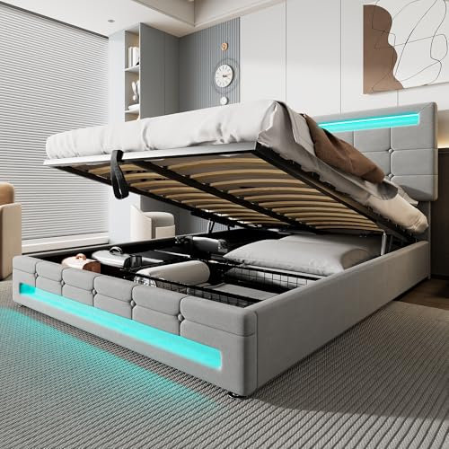 Upholstered Bed Frame with Hydraulic Lift and 7 Colors LED Lights, 4ft6 Double Bed Frame with Gas Lift End Opening Wooden Slats, Functional Ottoman Storage Bed, No Mattress, Velvet, Grey, 135x190cm