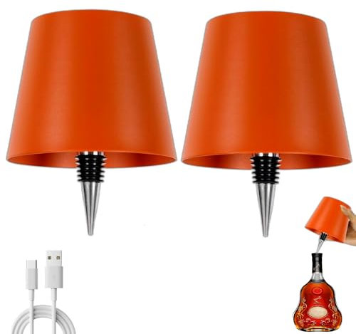 Brabola Wireless Wine Bottle Lamp, Liquor Bottle Light Rechargeable Touch Control Cordless Table Lamp with 3 Color Dimmable for Restaurant, Home, Bar, Office, Christmas (Orange, 2 Pcs)