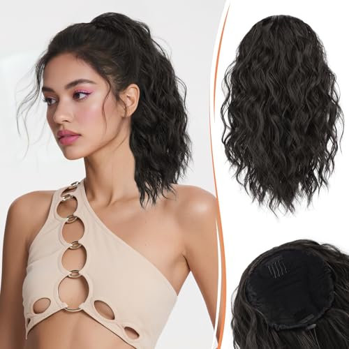 RUWISS Pferdeschwanz Verlängerung - 35 cm Wellig Lockig Kordelzug Pferdeschwanz Haarverlängerung Kurzer Pferdeschwanz Haarteil Synthetisch Haarteile für Frauen (Schwarz Braun)