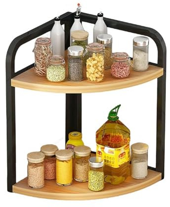 Plan de travail de cuisine, étagère d'angle pour épices, accessoires de cuisine, porte-épices en bois, triangulaire, en fer, angle Nathroom (2 niveaux (M))