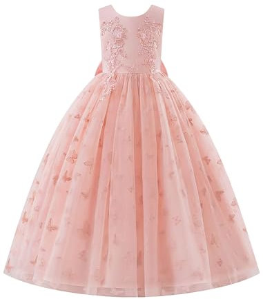 IWEMEK Abito da sposa per bambini senza maniche abito in tulle ragazza battesimo comunione compleanno sera compleanno festa di sposa con ricamo farfalla, Rosa, 150 cm