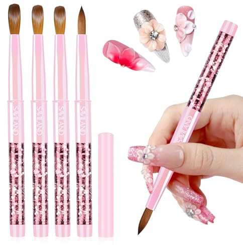 SAVILAND Kolinsky Acrylic Nail Brush Set: Size 6/10/12/14 4PCS Gradient Pink Metal Barrel Nail Brush High Quality Acrylic Brush for Smooth Acrylic Application Nail Extension Carving DIYNails
