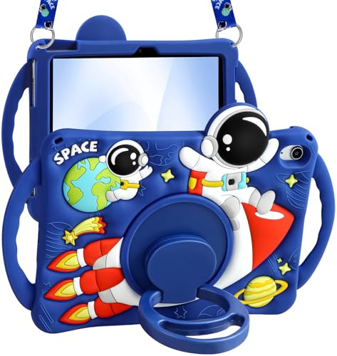 Kokaade Kids Case for iPad A16 11th (2025) /10th (2022) Generation 11 Inch - for Boys Girls Teens Cute Cartoon Astronaut Spaceship Silicone Case with Strap & Rotating Stand & Handle Tablet Cover
