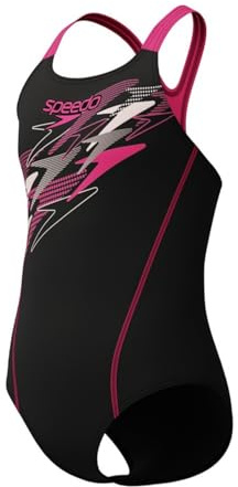 Speedo Girls Medley Logo Medalist Swimsuit Swimming Costume Anthracite/Margarita Pink