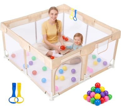 Dripex Baby Playpen for Baby and Toddlers, Beige, Small, 124x124x64cm | Fully Padded Top Rail, Visible Breathable Mesh, Anti-slip Suction Cups, 2 Pull-up Rings and Colourful Ball pit Balls